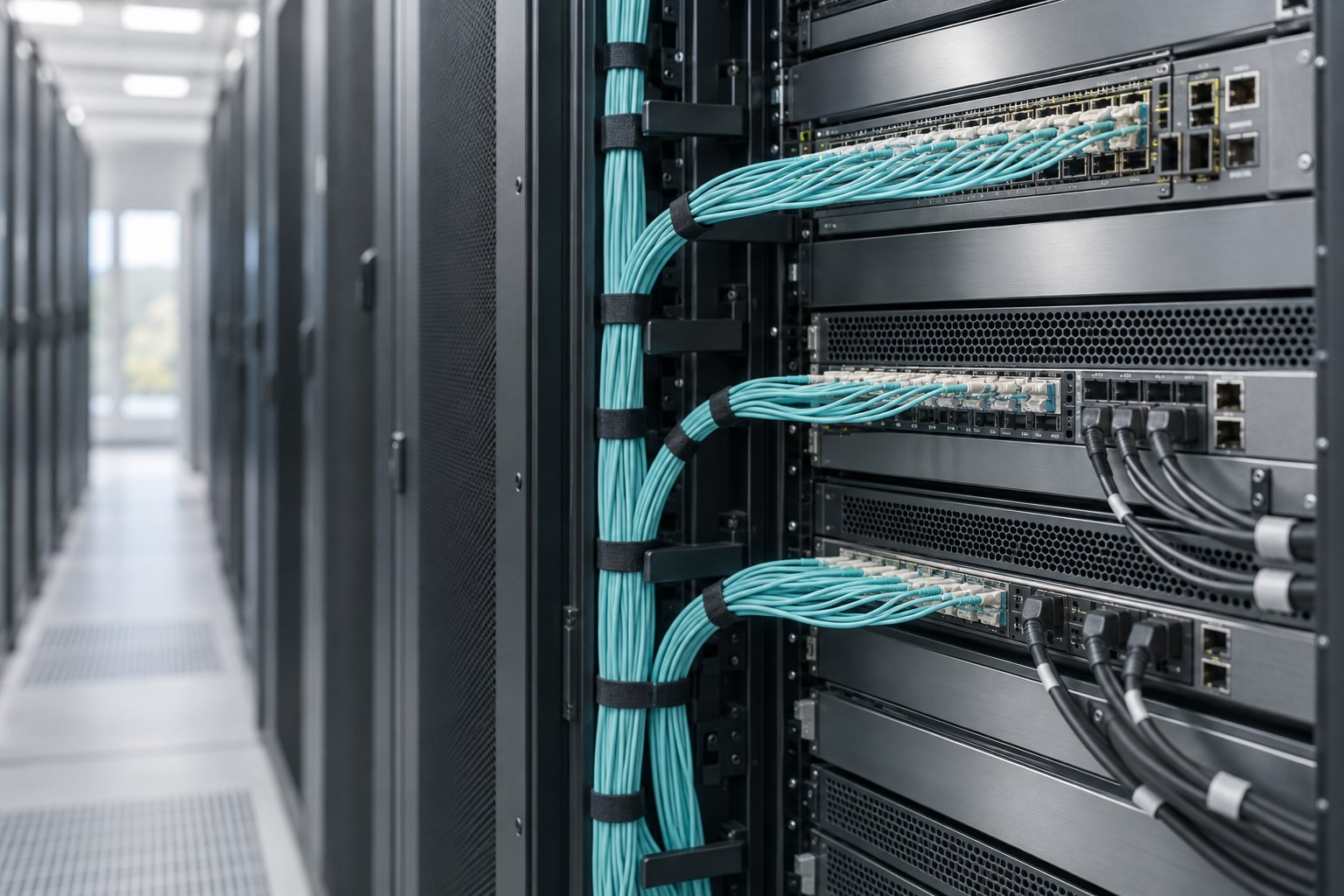 Illustrative network rack with neatly routed interconnect cabling