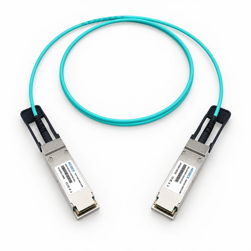 ATGBICS active optical cable with two QSFP28 modules and aqua fiber