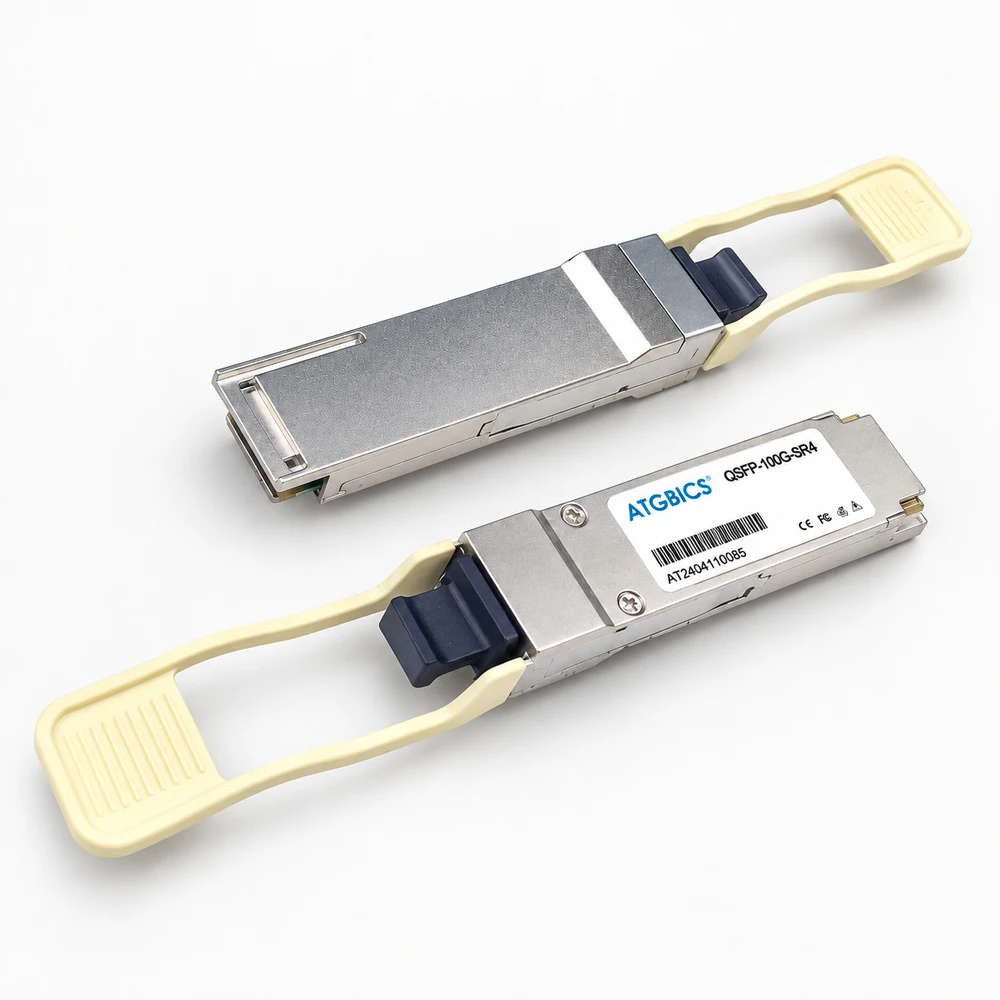 ATGBICS QSFP28 SR4 optical transceiver shown from label and reverse sides