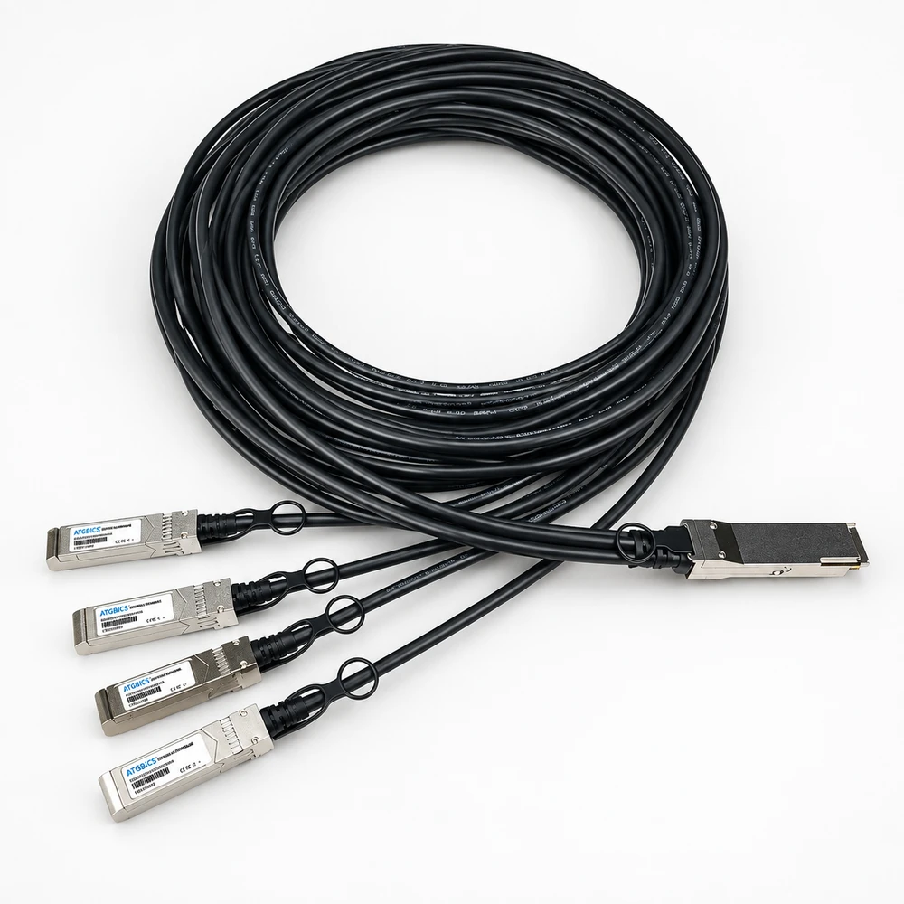 Copper breakout assembly with one QSFP-style plug and four SFP-style branches