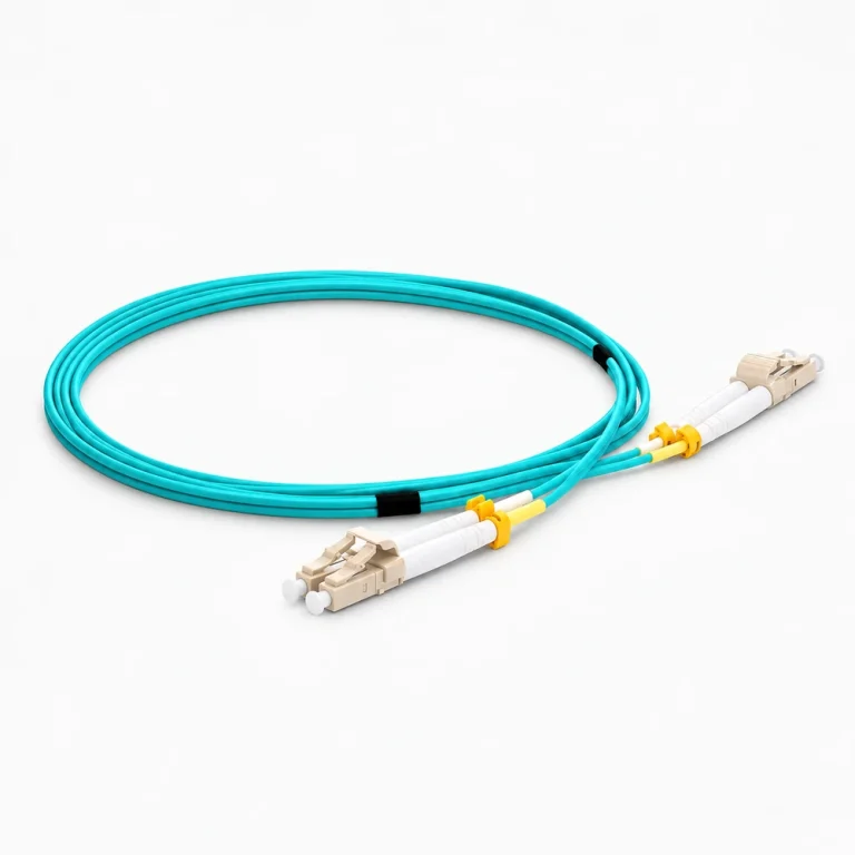 Aqua duplex fiber patch cable with LC connectors at both ends