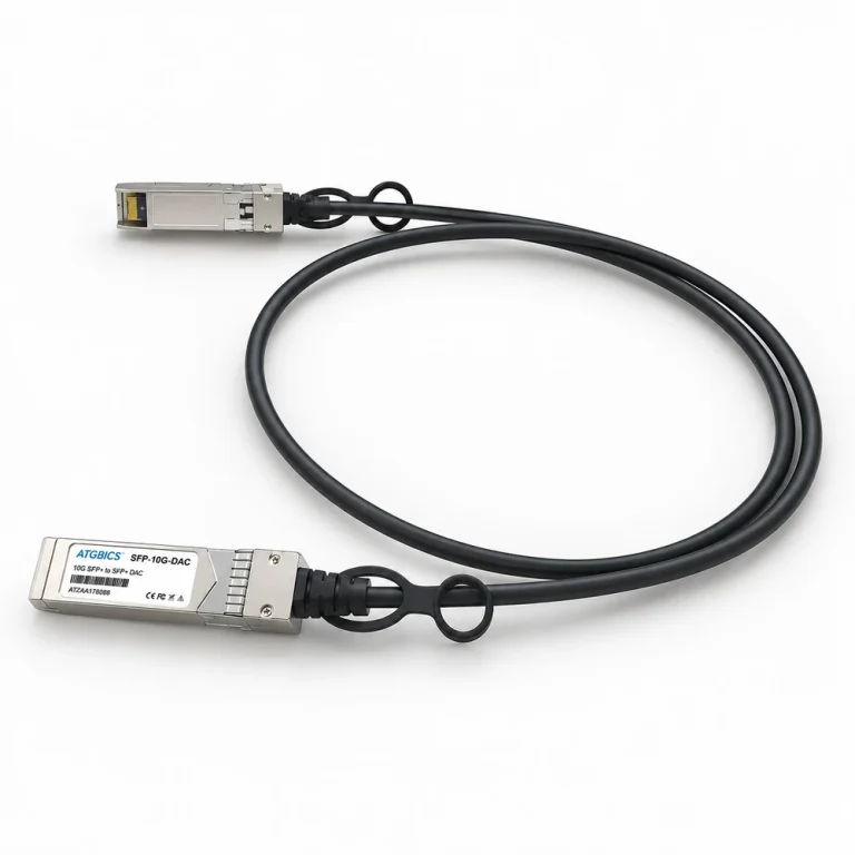 SFP+ copper cable assembly with two metal connector ends and black cable