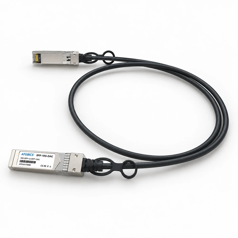 SFP+ copper cable assembly with two metal connector ends and black cable
