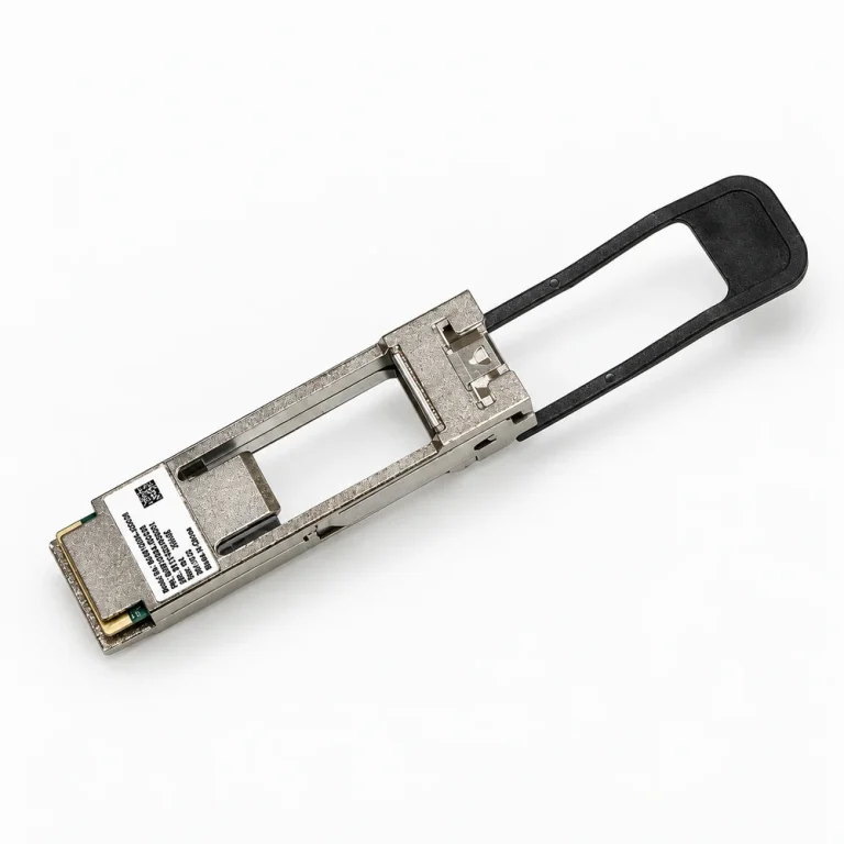 QSFP-to-SFP port adapter with pull tab and edge contacts