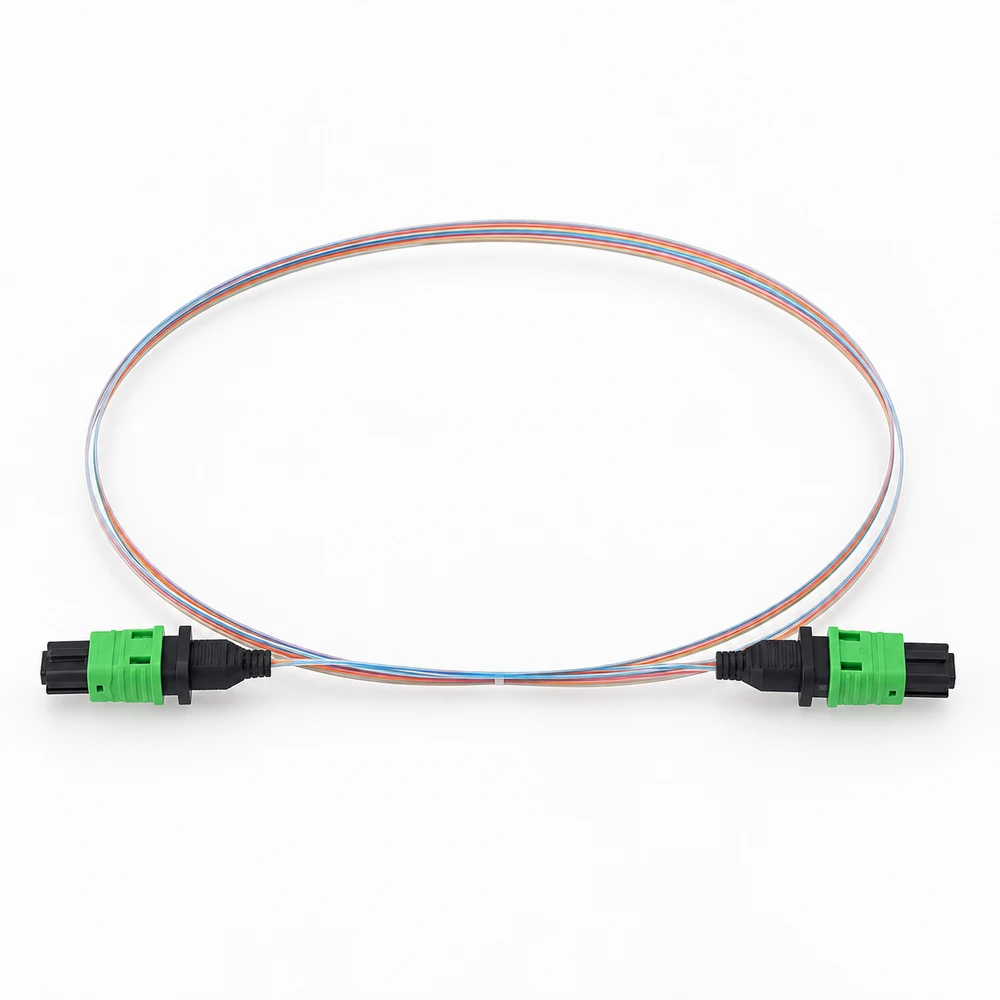 Looped MPO-style fiber assembly with two green connector housings