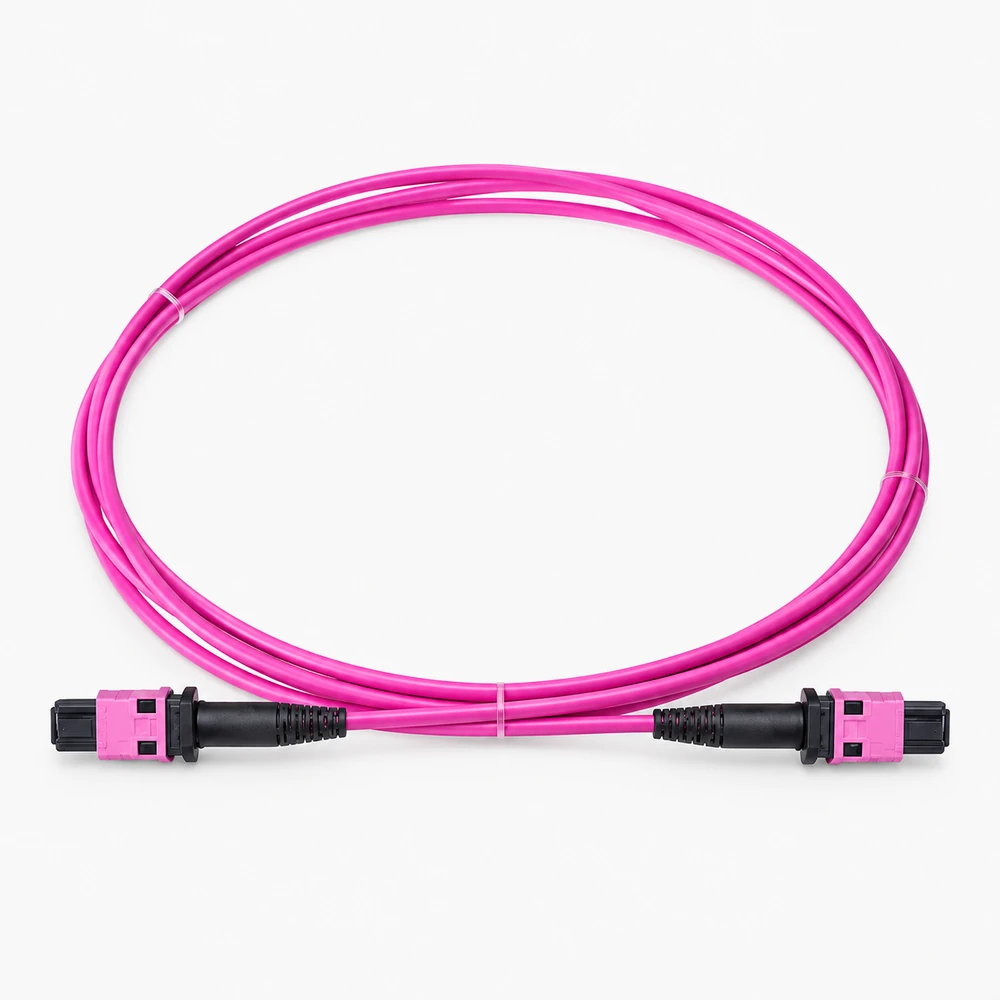Looped magenta MPO-style fiber assembly with two connector housings