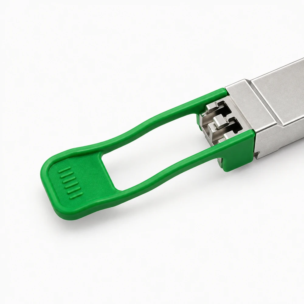 Close-up of a pluggable optical transceiver housing with green pull tab