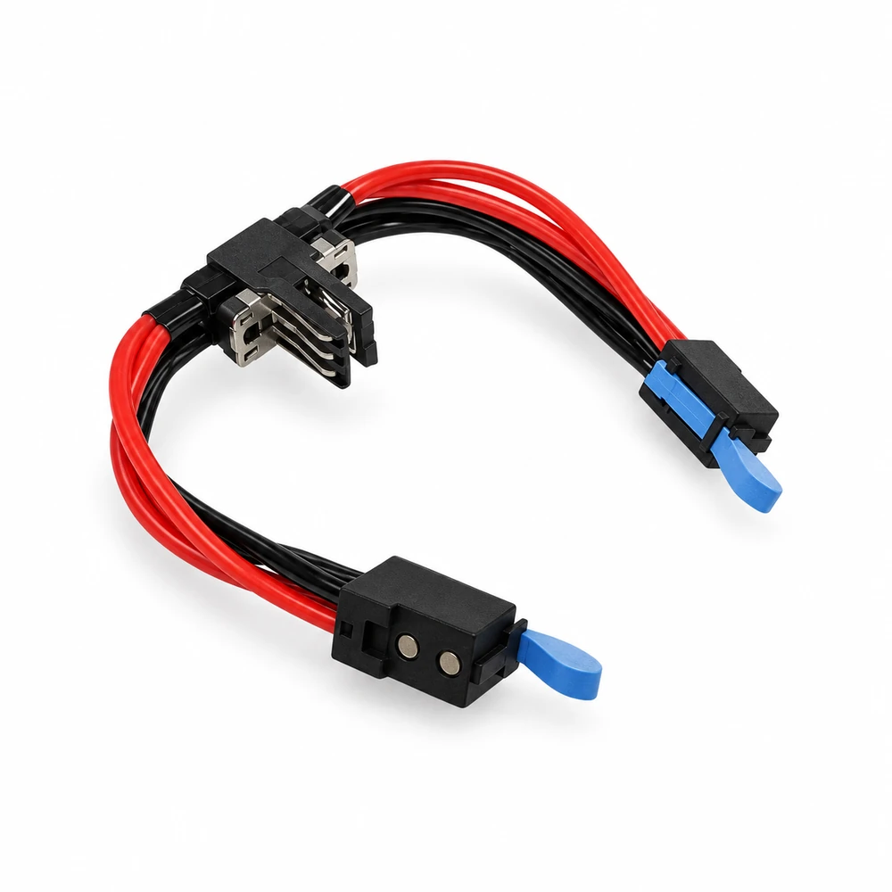 ASTRON BusFlow dual-exit DC power harness with red and black leads and blue pull tabs