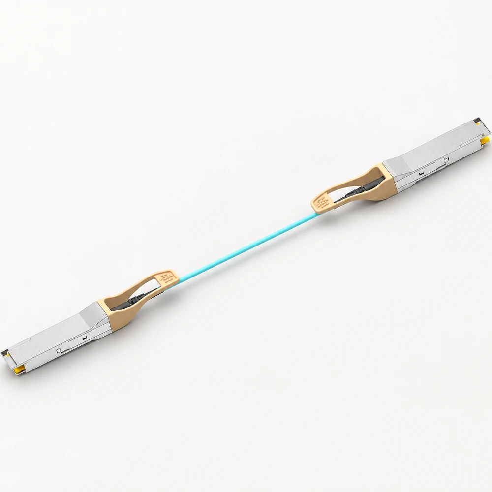 GIGALIGHT active optical cable with two QSFP28 modules and aqua cable