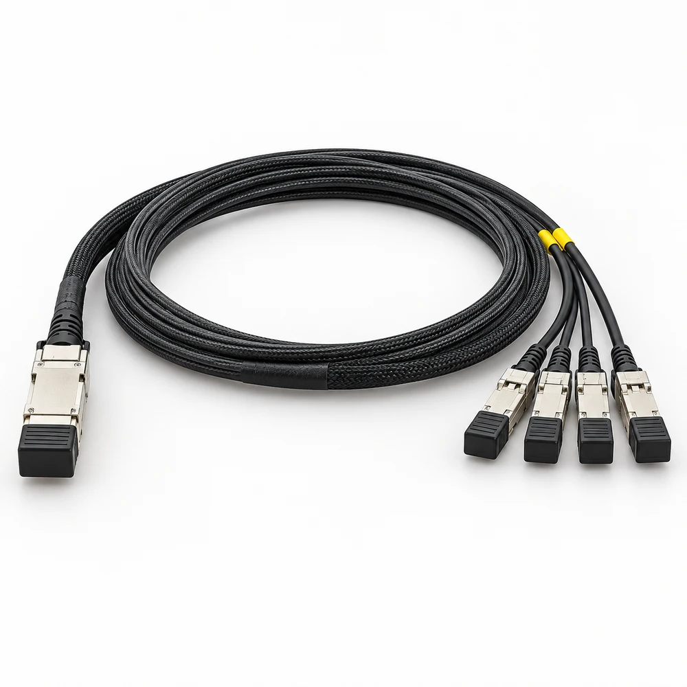 Black QSFP28 breakout cable with one QSFP28 and four SFP28 ends
