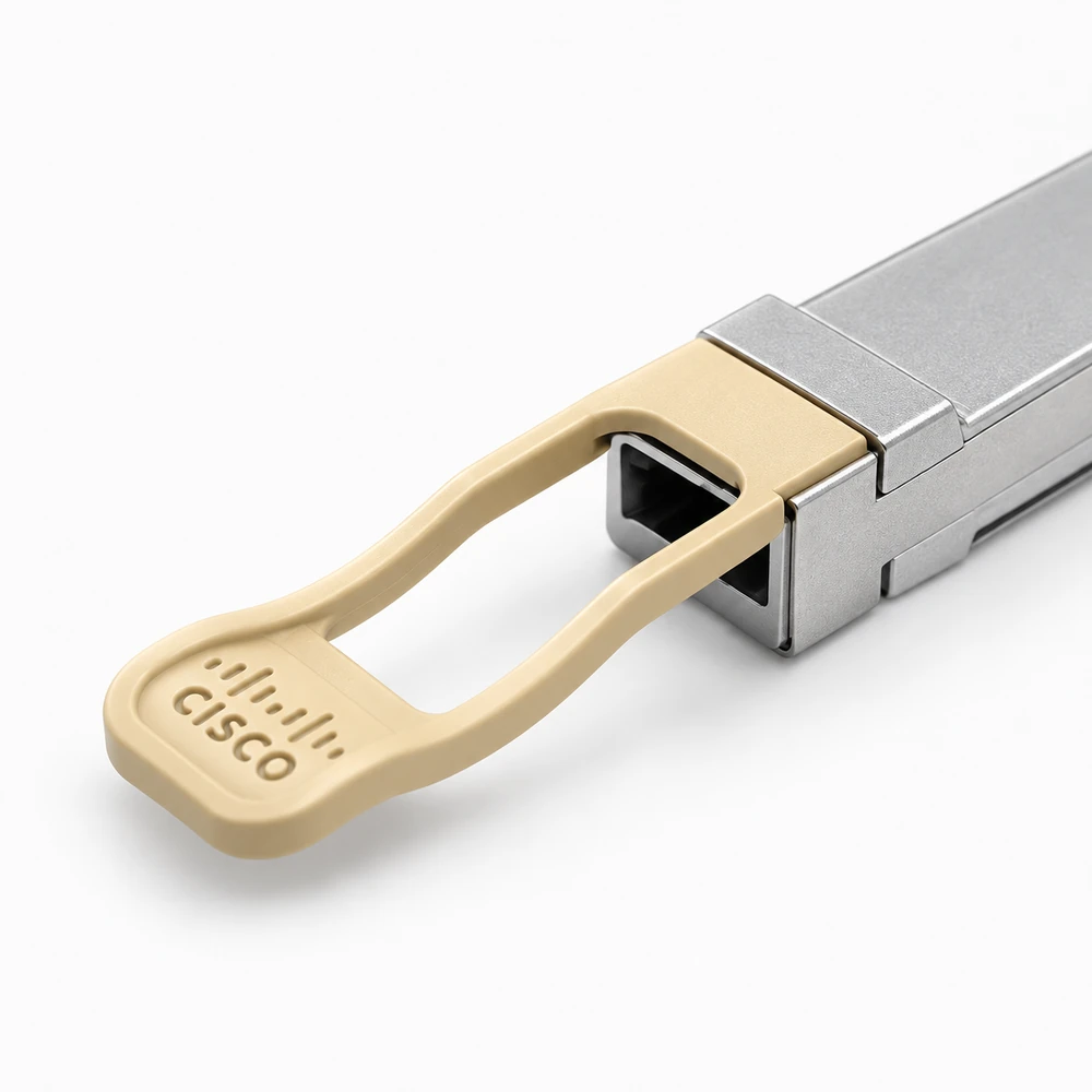 Close view of a Cisco optical transceiver pull tab and housing